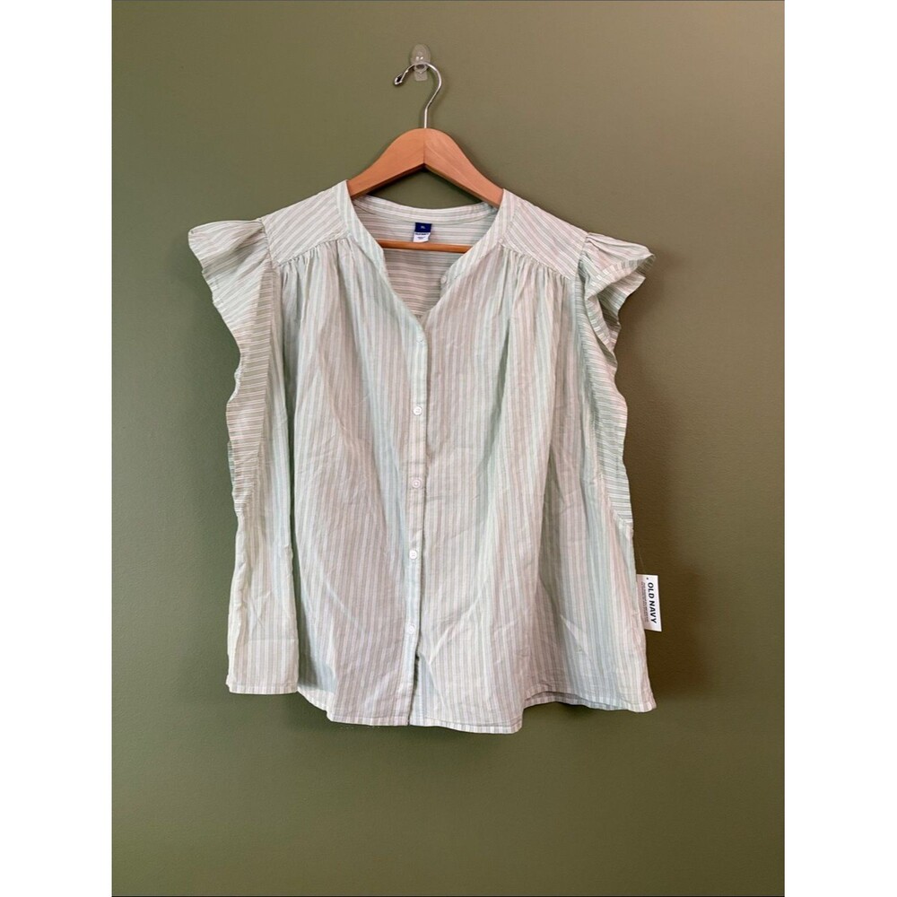 NWT Old Navy Flutter Sleeve Button Down Shirt GReen Striped Sz XL - Picture 2 of 7
